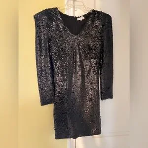 leith sequin dress Leith Dress Womens Small Black Gold Sequin V-Neck Cocktail Polyester Lined  Mini